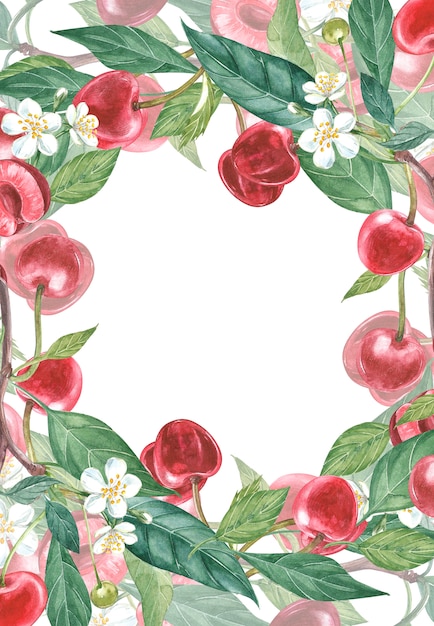 Hand-drawn watercolor wreath of flowers of cherry and leaves