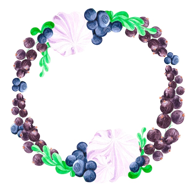 Hand drawn watercolor wreath with blueberry, strawberry, marshmellow and black currants. Scrapbook