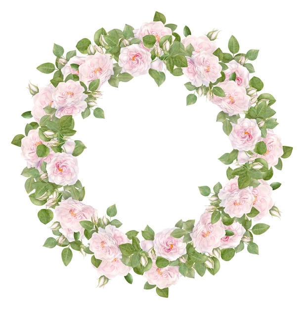 Hand drawn watercolor wreath with pink rose flowers