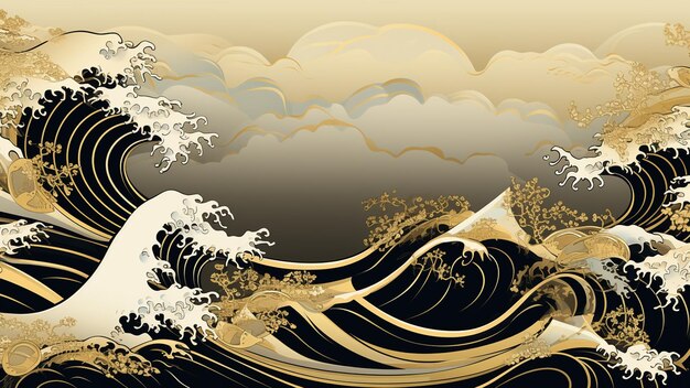 Hand drawn wave element with Japanese pattern vector Oriental gold line decoration with black