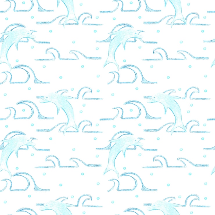 Photo ワックスクレヨンで描かれた海のイルカ 白い背景に隔離されたシームレスなパターンを描いています 海のイラストは織物のスクラップブックや他の印刷製品に使用できます