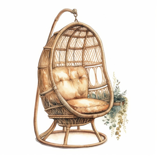 Hand drawn wicker swing isolated on white background Watercolor illustration