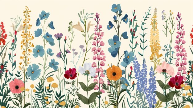 Hand drawn wild flowers colorful botanical illustration floral elements repeatable hand drawn background Artistic backdrop