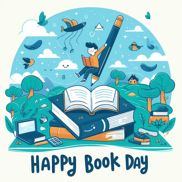 Photo hand drawn world book day illustration with stack of books