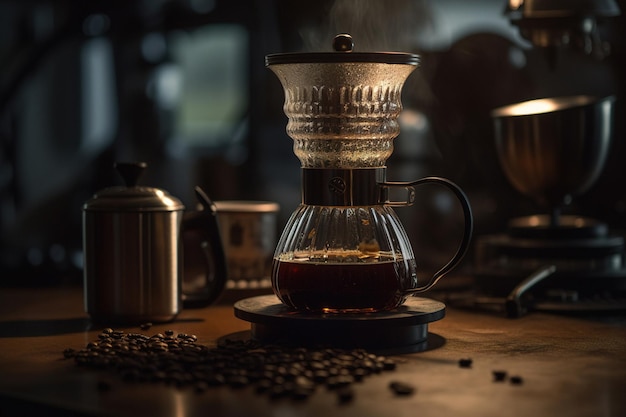 Hand drip coffee kit barista pouring water on coffee ground with filter generative ai