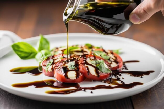 Foto riduzione di balsamico spruzzata a mano su insalata caprese