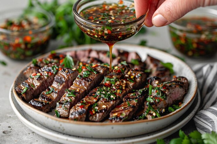Photo hand drizzling sauce over grilled bulgogi strips