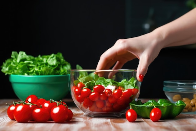 Hand dropping cherry tomatoes to a bowl of avocado salad