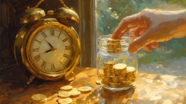 Photo a hand dropping a coin into a jar with an alarm clock in the background