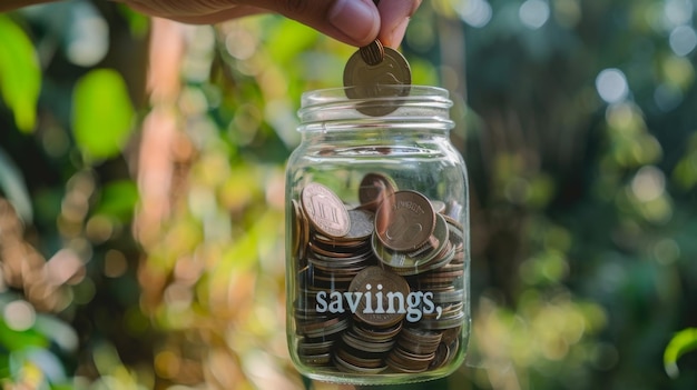 A hand dropping coins into a glass jar labeled quotsavingsquot a simple yet powerful act of building wealth over time