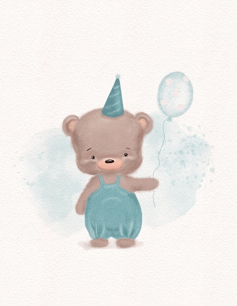 Hand drow Taddy Bear. Nursery bear illustration. Baby poster. Trendy  cartoon animal. Birthday invit