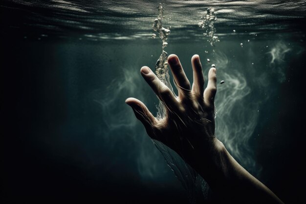 The hand of a drowning man above the surface of the water