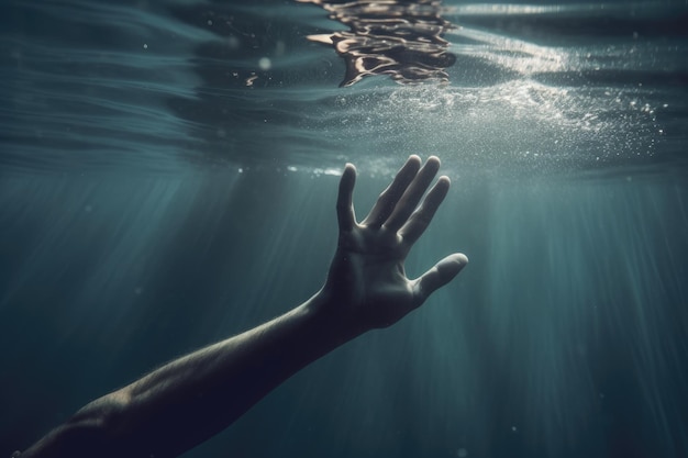 The hand of a drowning man above the surface of the water