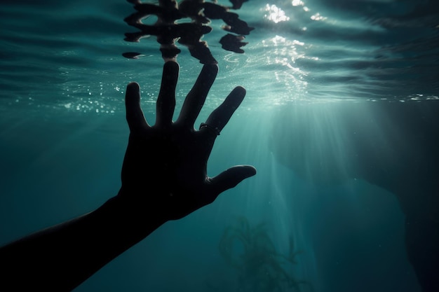 The hand of a drowning man above the surface of the water