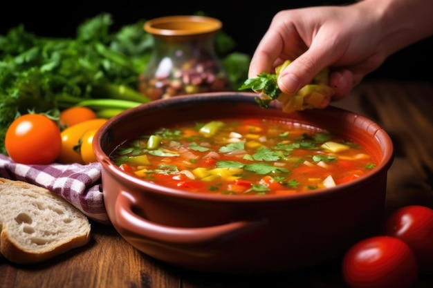 Hand dunking a piece of bread into minestrone soup bowl