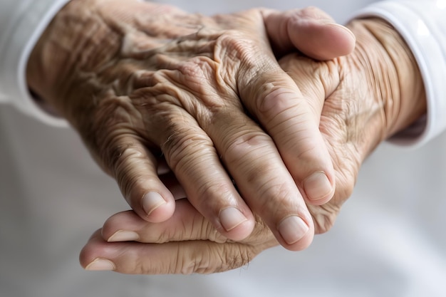 Photo hand of elder woman concept of rheumatoid arthritis osteoarthritis or joint pain