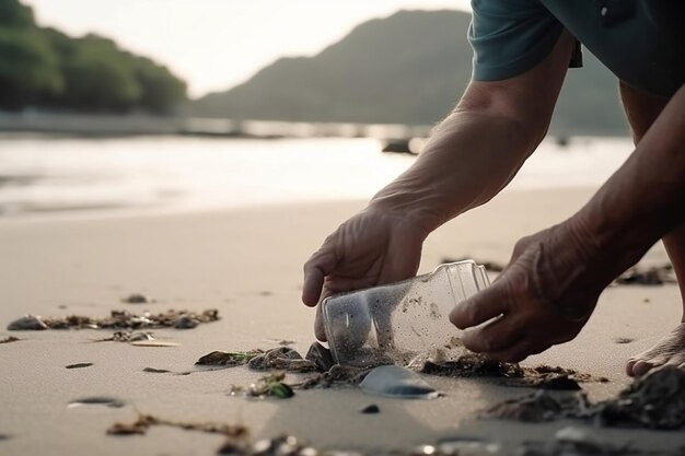 노인의 손이 해변에서 쓰레기를 제거합니다.