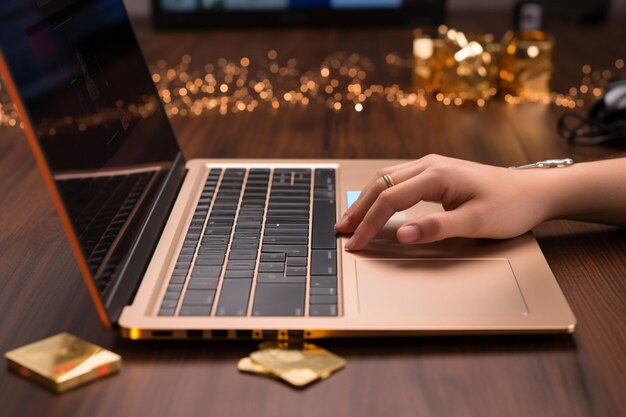 한 손은 나무 테이블에 있는 노트북을 사용하여 온라인 쇼핑을 위해 골드 카드를 사용합니다.
