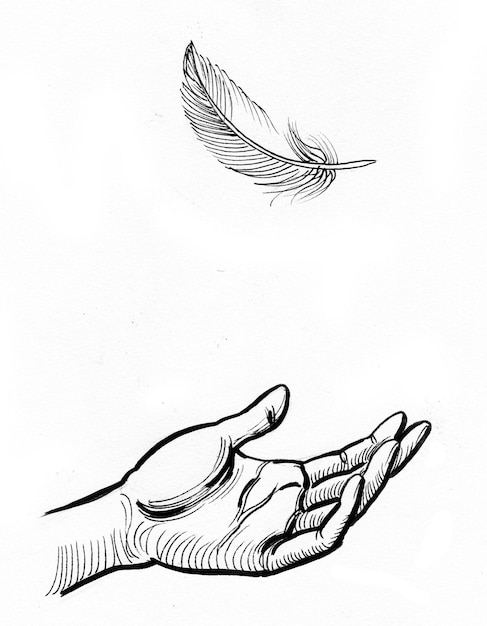 Hand en vogels veren. Inkt zwart-wit tekening