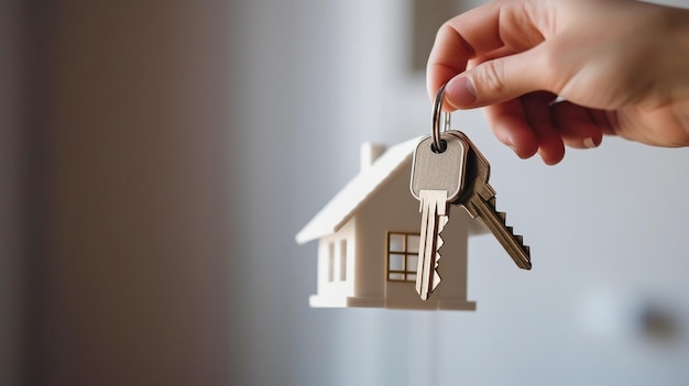 Hand the entrance to a new house door handle with key and keychain in the shape of a dwelling The Generative AI