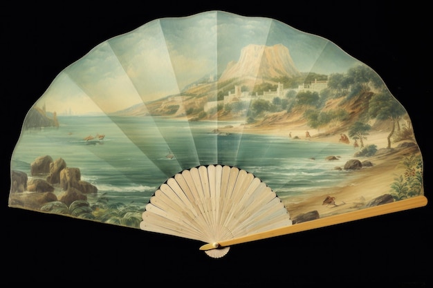 Foto un ventaglio con dipinta una scena di spiaggia, posto in riva al mare