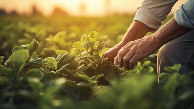 hand of farmer picking leaf