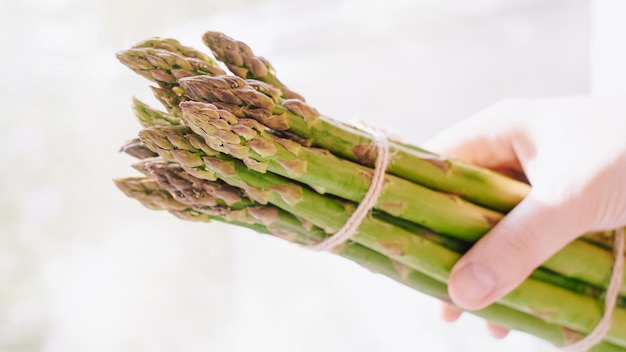 La mano di un contadino mostra un raccolto di asparagi verdi freschi dalla sua fattoria biologica