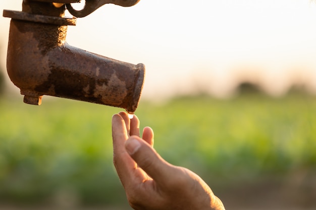 Hand of farmer waiting for water from vintage outdoor water pump. For drought season concept