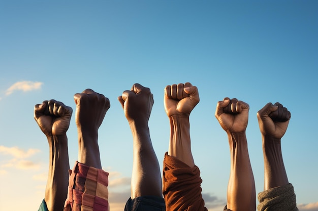 Photo hand fist of people rising up on sky background created with generative ai