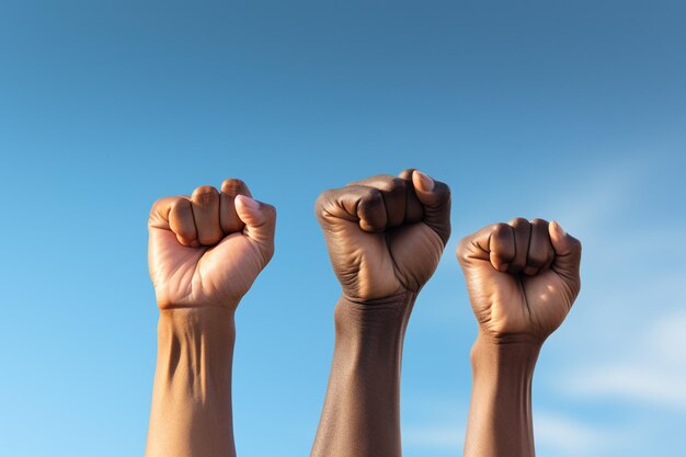 Photo hand fist of people rising up on sky background created with generative ai