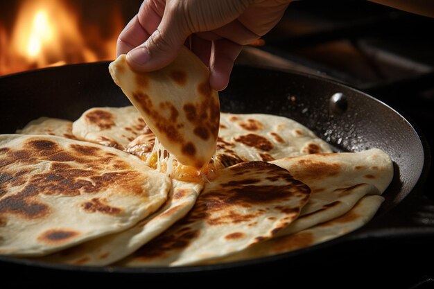 Foto una mano che gira una quesadilla su una padella catturando il movimento