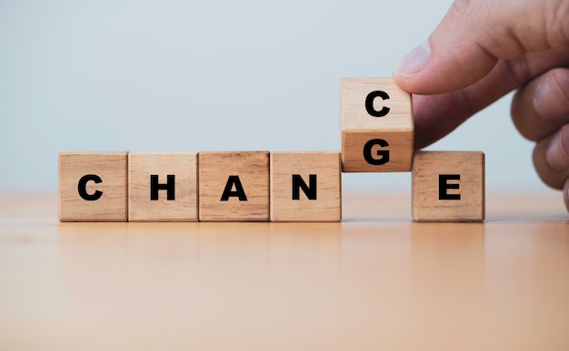 Hand flipping of wooden cube block between change and chance for positive thinking mindset concept.