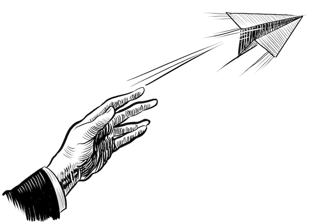 Hand flying a paper plane Retro styled handdrawn black and white illustration