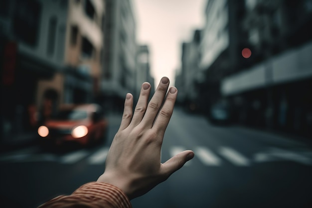 Hand in focus as stop sign at crosswalk emphasizing the importance of pedestrian safety