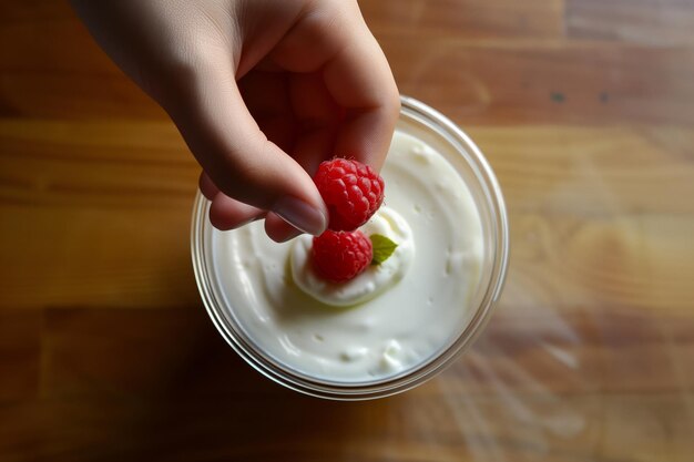 Photo hand from above placing a raspberry on yogurt