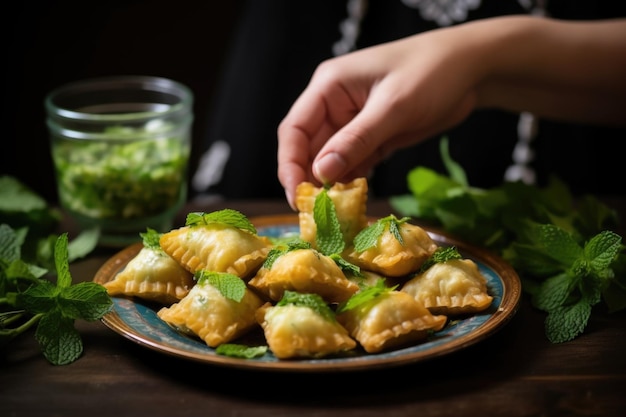 Hand garnishing samosas with mint leaves