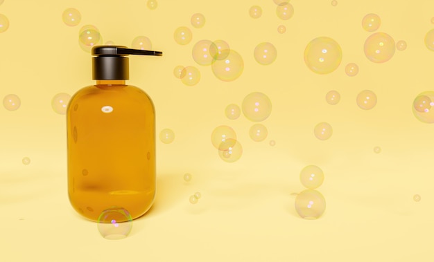 Hand gel bottle on yellow surface with soap bubbles around it