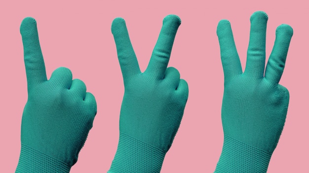 Hand Gesture as One Two Three in Green Gloves