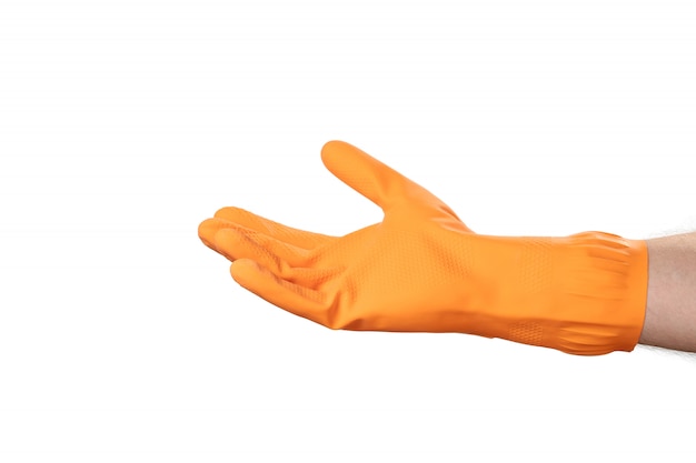 Hand gesture cleaning, rubber orange glove, for home, garden, protection. White isolate background.