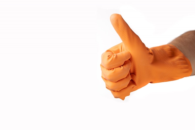 Hand gesture cleaning, rubber orange glove, for home, garden, protection. White isolate background.