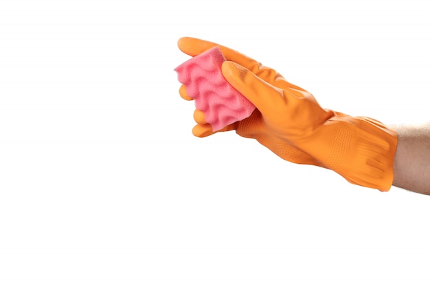 Photo hand gesture cleaning, rubber orange glove, for home, garden, protection. white isolate background.