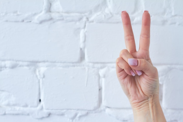 Hand gesture isolated on white brick wall background