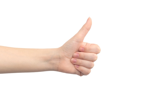 Hand gesture thumb up, isolated on a white background, young female hand close-up