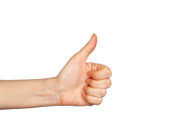 Hand gesture - thumbs up, isolated on a white background. The female palm points to something that is empty for your design.