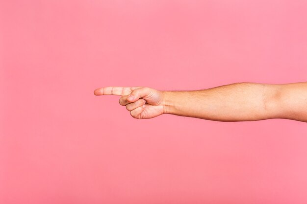 Hand gestures man pointing at virtual object with index finger