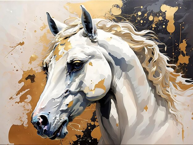 Hand getekend abstracte witte paard kunst achtergrond Olieverf op doek Gouden textuur Fragment van illustraties