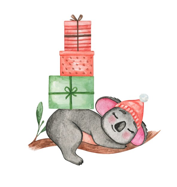 Hand getekend aquarel Koala illustratie, Merry Christmas set, schattige dieren in kerstmuts, poster