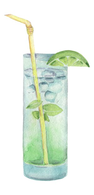 Hand getekend groene Cocktail aquarel pictogram. Mojito schilderij geïsoleerd op wit