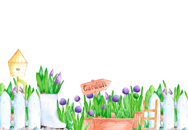 Hand getekende aquarel framerand samenstelling met bloeiende tuinbloemen in potten op witte achtergrond Vintage illustratie in landelijke stijl voor kaarten banner en andere gedrukte producten