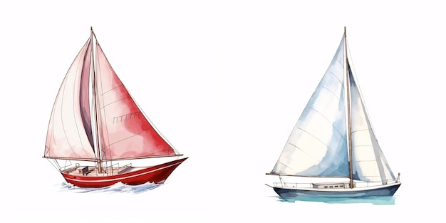 Foto hand getekende aquarel geschilderde zeilboot geïsoleerd op een witte achtergrond zeilen illustratie